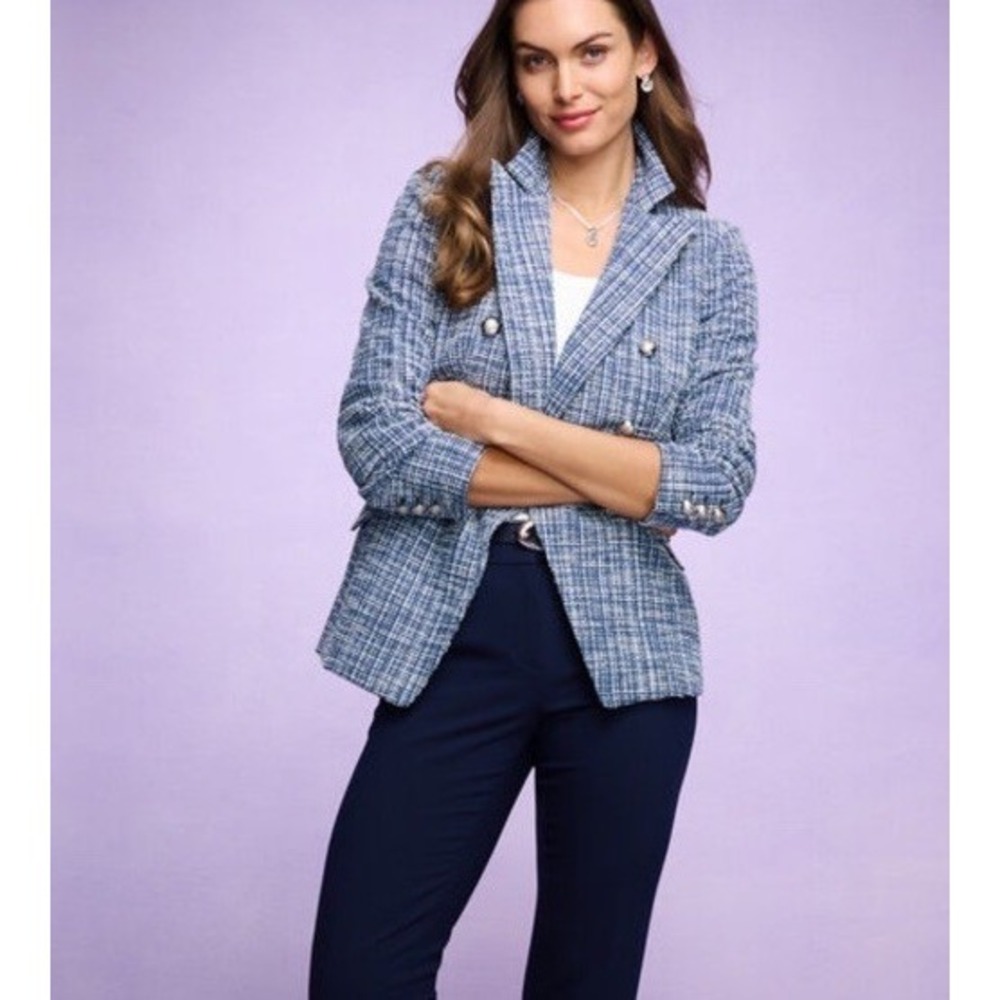 TALBOTS Size 10 blue and white Women‎ Knit Tweed Double Breasted Blazer